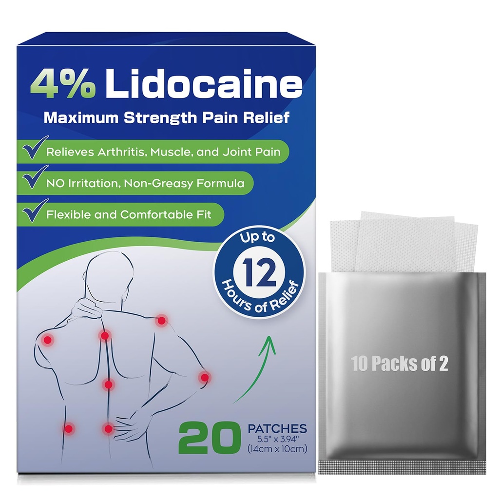 Uposiut 4% Lidokaín Patches, 20 gróf Patches Maximálna sila Lidokaín Patches (20 Patches), pre úľavu svalovej bolesti v krku, pliecka, chrbát, kolená, a Anky, 12 Hodinová úľava od bolesti 012345