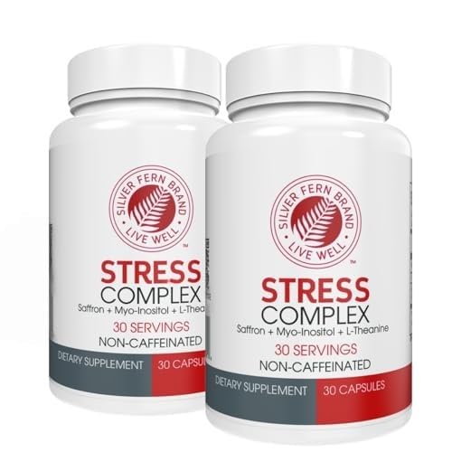 Strieborné Fern Stres Complex Doplnok - Bez kofeínu - Spánok, Worry, Mood & More - s Saffron Supplements, L-Theanine Supplement, & Myo-inozitol - Prírodný stres Relief Supplement (Pack of 2)