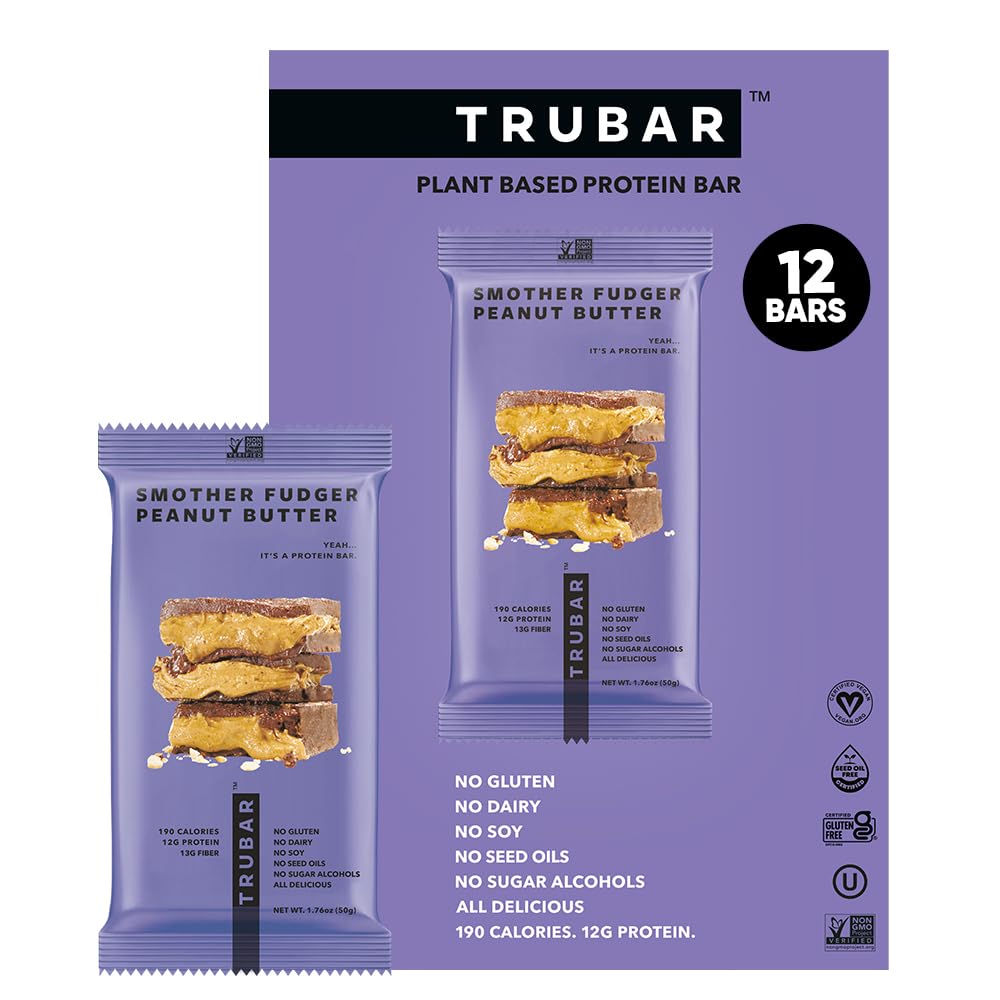 TRUBAR Vegánske proteínové tyčinky - materinské Fudger arašidové maslo, bez sóje, bez mliečnych výrobkov, bezlepkové proteínové tyčinky - bez cukru alkoholy - bez GMO - 12 g proteínu - 12 g