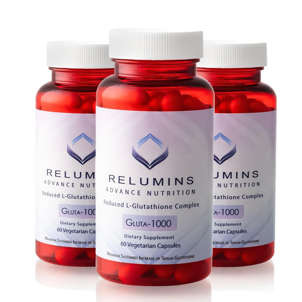 Relumins Advance Nutrition Gluta 1000 - Redukované L-glutatión, Alpha Kyselina lipoová a Rose HIPS - Antioxidačná podpora pre pokožku a celkový wellness - 60 Veg Kapsule x 3 fľaše (90-Deň dodávky)