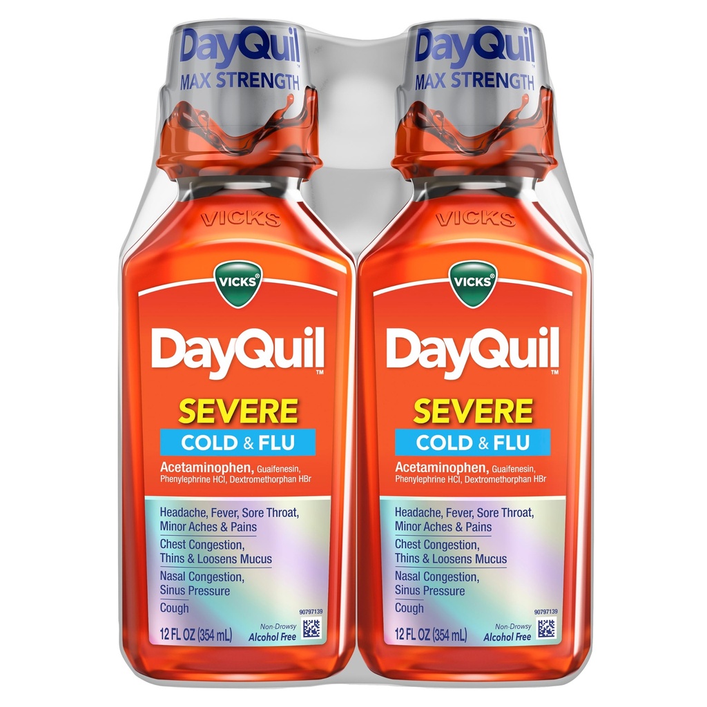 Vicks DayQuil Silná Cold & Flu Tekutá medicína, Denná úľava na bolesť hlavy, Horúčka, Bolesti hlavy, Menšie bolesti a bolesti, Kongescia na hrudníku, Nádchová kongescia, Sínusový tlak a kašeľ, 2x12oz