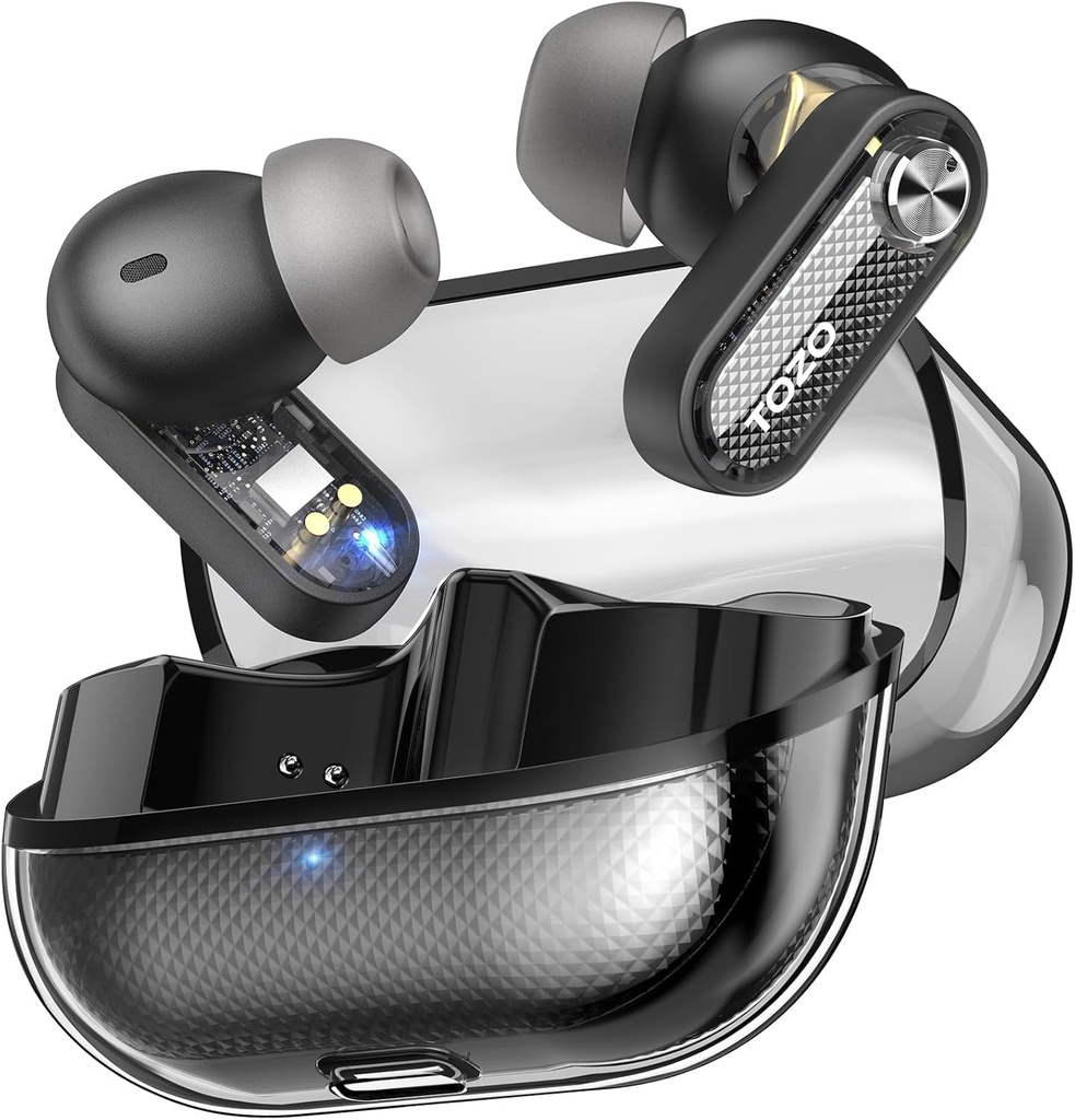 TOZO Crystal Pods Hybridný aktívny zvuk Zrušiť bezdrôtové earbuds, 10 mm ovládače Deep Bass Stereo Sound, 4 Mics Smart ENC AI hovory, 32 EQ cez App, Bluetooth 5.4 Slúchadlá, Crystal Case Design