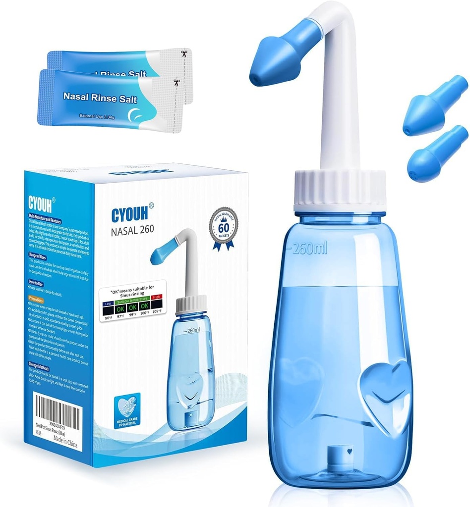 Neti Pot Sinus Rinse fľaša 260 ML s 60 Nosné umývanie soľné balíčky a lepidlo termometer Nosový čistiaci prostriedok tlak oplachovanie nosa zavlažovanie pre dospelých a deti BPA zadarmo (modrá)