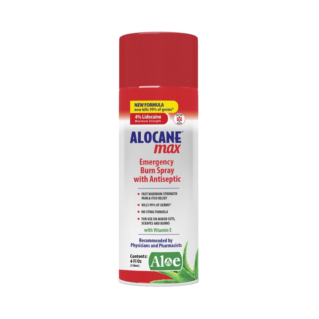 ALOCANE Emergency Burn Spray, 4% Lidokain Max Strength Fast Pain svrbenie Relief for Minor Burns, Sunburn, Kitchen First Aid Liečba Burn Care, 4 Fl Oz
