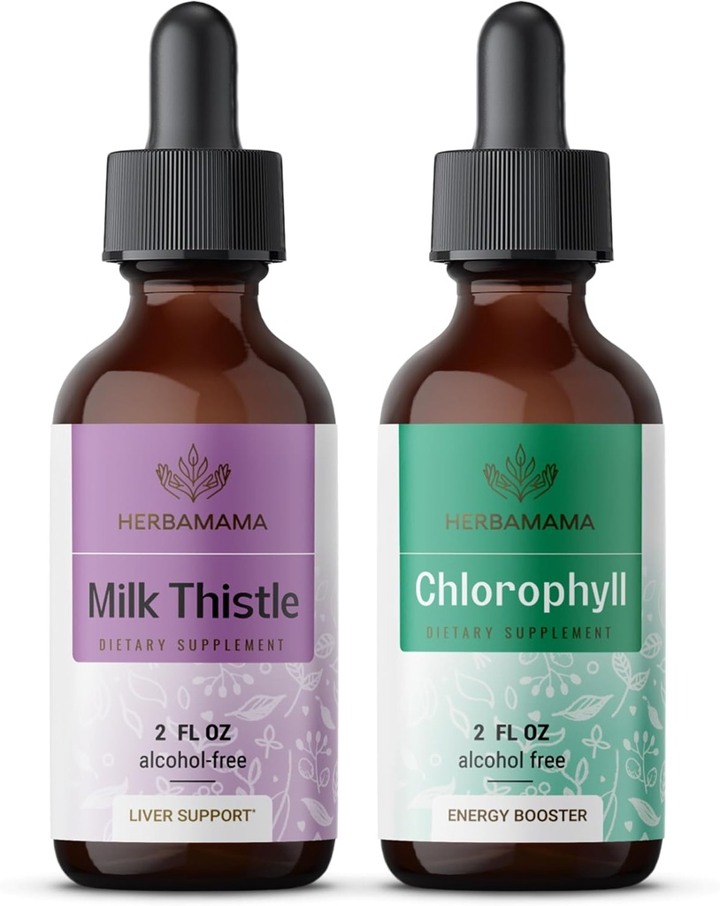 HERBAMAMA bylinné kvapky Kit - Bundle of Milk Thitle Extract 2 fl oz a Liquid Chlorofyl 2 fl oz - Vegan Supplement Liquid Extract - Non GMO, Cukor a alkohol - 2 balenia