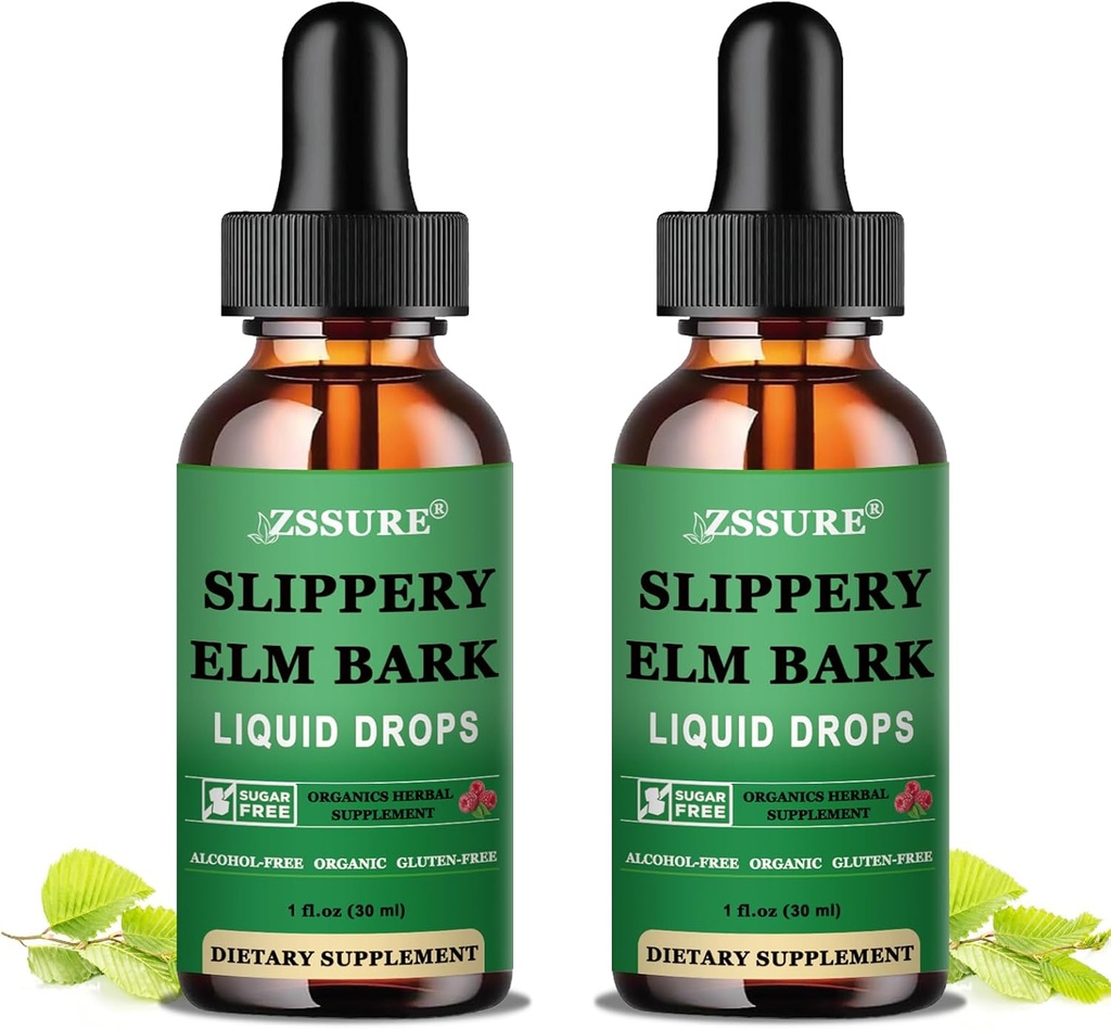 (2 balenia) Slippery Elm Bark Liquid Drops, Pure Organic Slippery Elm Extract 1000mg for Digestive Gut Health, Liquid Slippery Elm Tincture Herbal Supplement, Vegan, alkohol bez, Non-GMO, Gluten Free