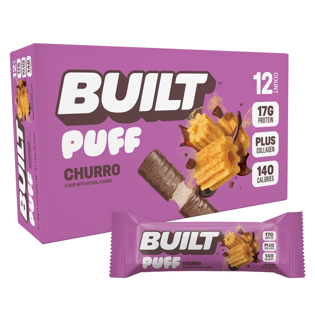 Postavený bar, Puff Protein Bars, Churro Puff, 17g Protein Snacks, On-The-Go Bars, Iba 140 kalórií & 6g Cukor, Kolagén, Gluten Free, 12 Počet