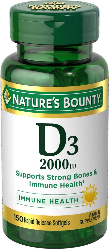 Prírodný bounty vitamín D, podporuje imunitné zdravie a zdravie kostí, 2000IU vitamín D3, 150 Softgels
