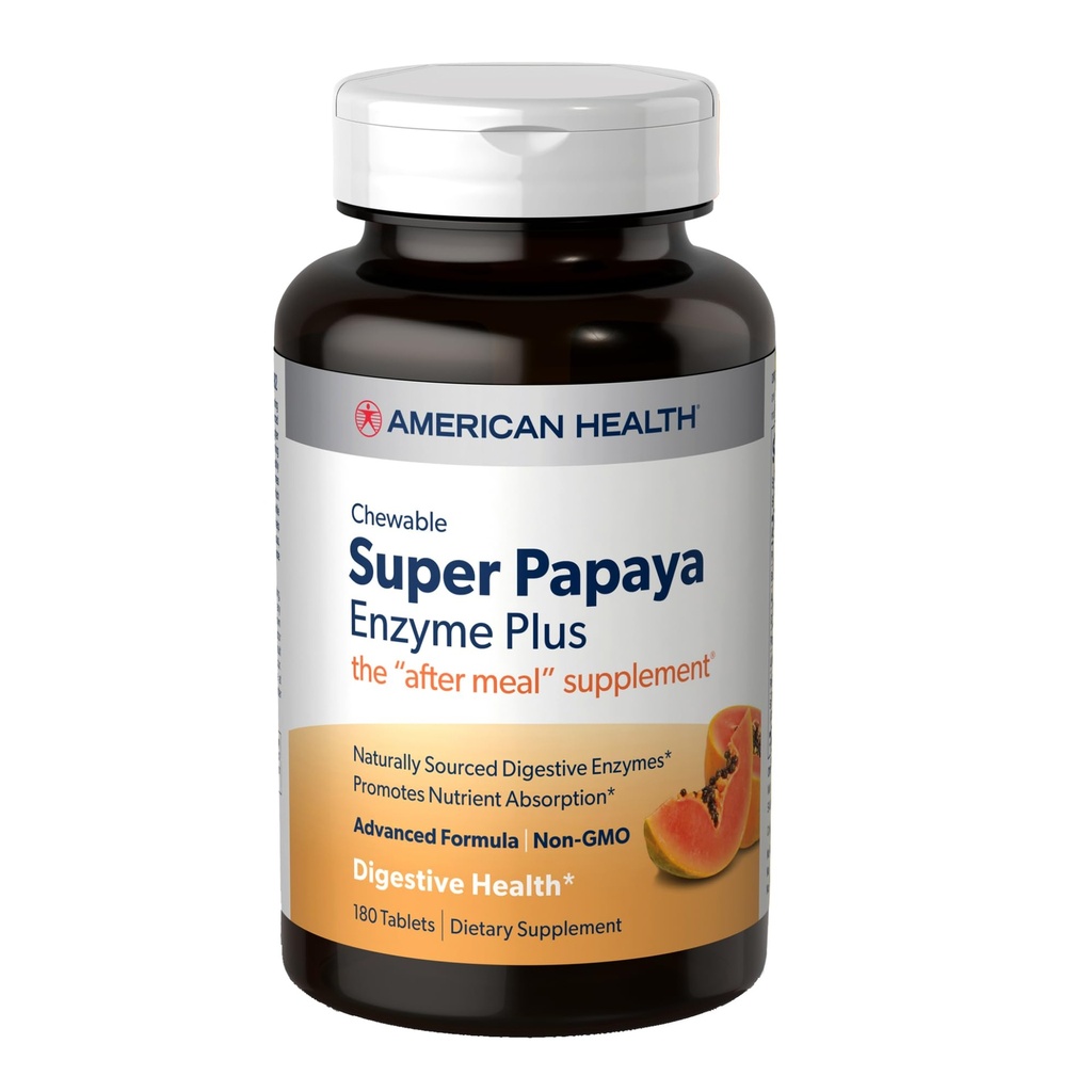 American Health Super Papaya Enzyme Plus - 180 žuvacie tablety - After-Meal Supplement - Non-GMO - 60 porcií