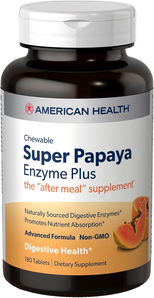 American Health Super Papaya Enzyme Plus - 180 žuvacie tablety - After-Meal Supplement - Non-GMO - 60 porcií