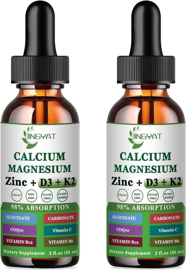 Vápnik Magnézium Zinok Tekuté kvapky, Tekutý Magnézium Glycinát 500 mg Vápnik 1000 mg s vitamínom D3,K2,B6,B12,Coq10,6X Silnejšie ako Gummies Kapsule (2 balenia)