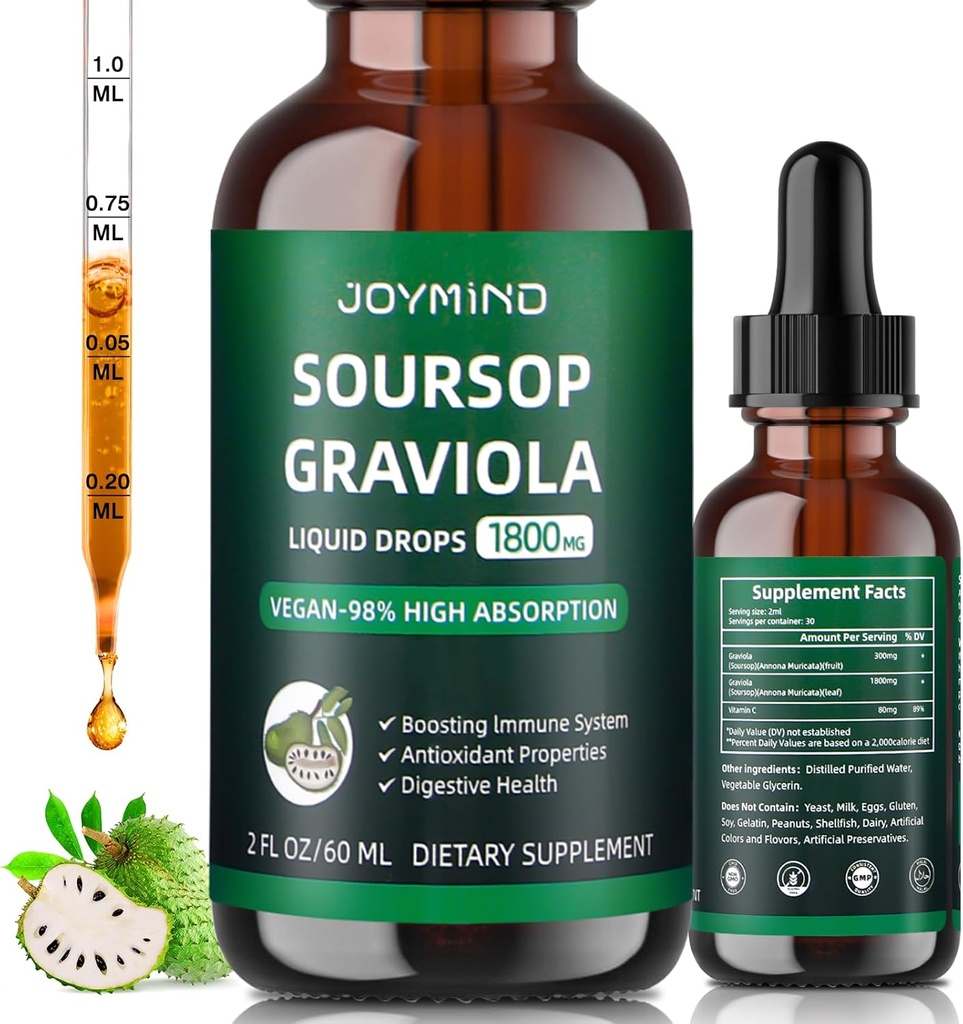 Graviola Soursop Leaf Extract Liquid - Soursop Bitters Liquid, Immune Boost, Relax, Liver and Sleep, Vegan, Sugar & Gluten Free, 98% Absorption Rate, Natural Flavor, 2 Month Supply 60ML