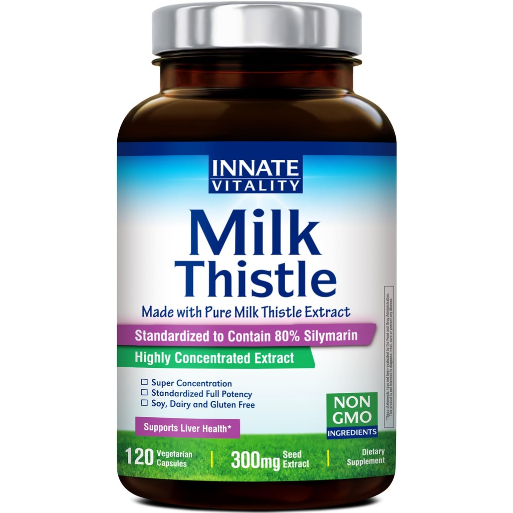 Vrodený Vitality Organic Milk Thistle Supplement, 300mg Extract, 80% Silymarin Flavonoids, Liver Health, Detox & Cleaning, Made in USA, Non-GMO, 120 Veggie Capsules
