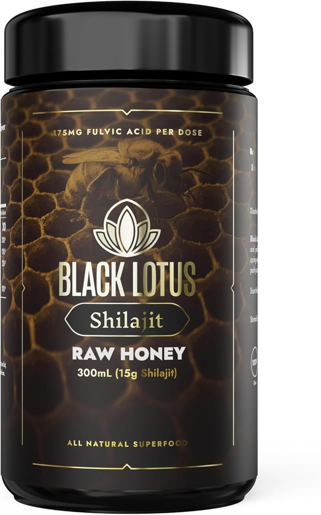 Black Lotus Pure Shilajit Resin Raw Honey Liquid Tincture, 300ml, 100% Pure Natural Shilajit pre mužov a ženy, aminokyseliny, 175mg kyseliny fulvovej, 85 Iónové stopové minerály, pre imunitnú podporu, Focus, Energy