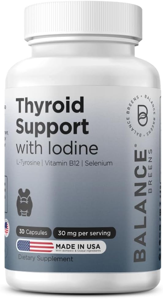 Balancebreens Doplnková podpora štítnej žľazy s jódom, L-tyrozínom, vitamínom B12 a selénom, 30 Veg kapsuly - energia, metabolizmus a zaostrenie podpory