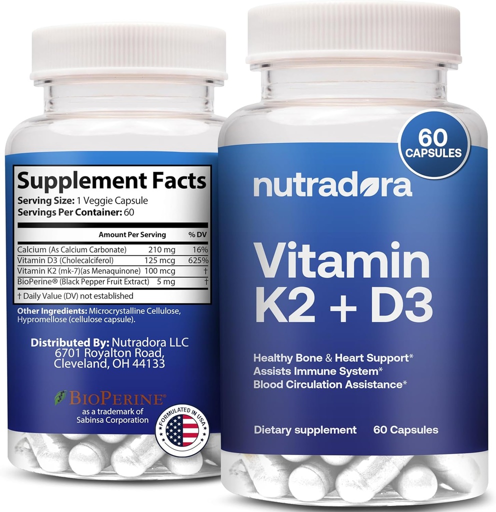 Vitamín D3 K2 Kapsule pre Muži a ženy - K2 D3 Vitamínový doplnok pre zdravé srdce a podporu kostí, Imunitný systém a pomoc pri cirkulácii krvi, Formulované v USA, 60 Veggie Kapsule