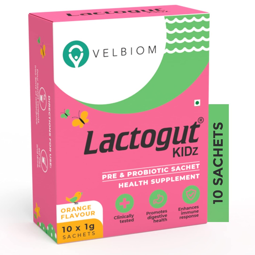 Lactogut Kidz Probiotiká Prášok pre deti Ľahko konzumovať probiotiká pre deti zdravie Gut, celkový wellness a imunita Vegan Klinicky preukázané - 1Gx10 Vrecká (oranžová chuť)