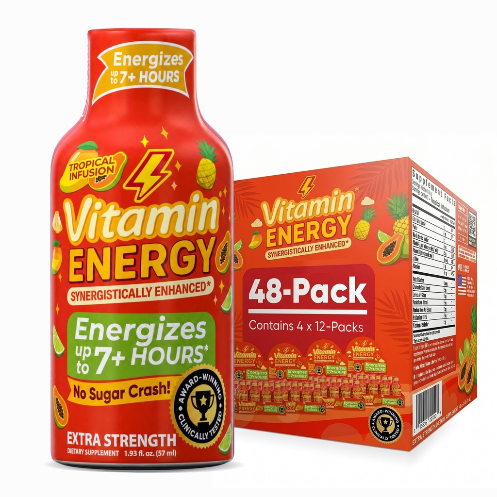 Vitamín Energy Focus+ Extra sila Energia Shot Tropická infúzia 48 Balenie, 260 mg prírodný kofeín, B-vitamíny, CoQ10, aminokyseliny, zameranie, produktivita a jasnosť, Zero Cukor, Gluten-free, 1,93 fl oz