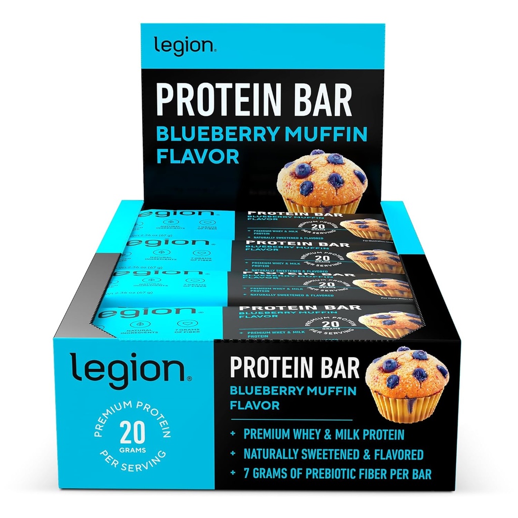 Legion Protein Bar Blueberry Muffin - 100% Srvátkový proteín, Sójové bez proteínové tyčinky s prebiotickým vláknom - nízkotučný zdravý proteín Bar - bez lepidla, prirodzene ochutené, nízkocukrové proteínové tyčinky (12 počet)