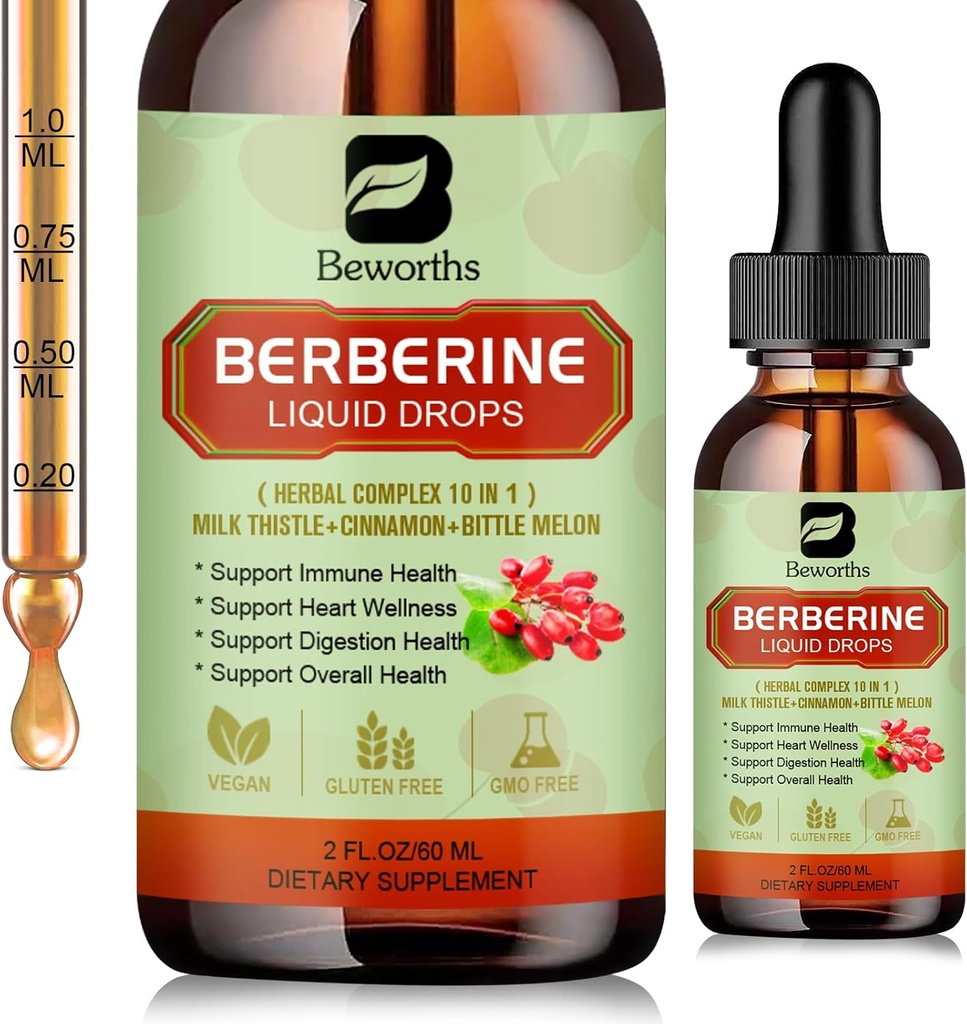 Berberine HCL Supplement with Ceylon škorica - Lipozomálne Berberine Phytosome Liquid Drops with Turmeric, Ceylon škorica, Horké Melon, Milk Thitle, AMPK Activator for Digestion Support
