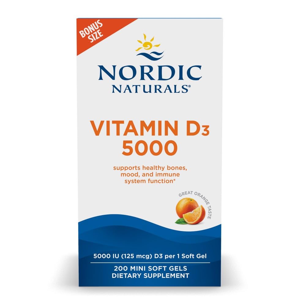 Nordic Naturals Vitamín D3 5000, Orange - 200 Mini mäkké gély - Podpora pre zdravé kosti, nálada, & Imunitný systém - Vegetarián - Non-GMO - 200 Servírovanie