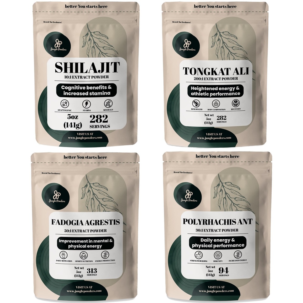 Práškové džungle Bylinné púdry Bundle - Šilajit Powder, Tongkat Ali for Men Powder, Black Ant Extract Powder, Fadogia Agrestis Extract for Men Supplement