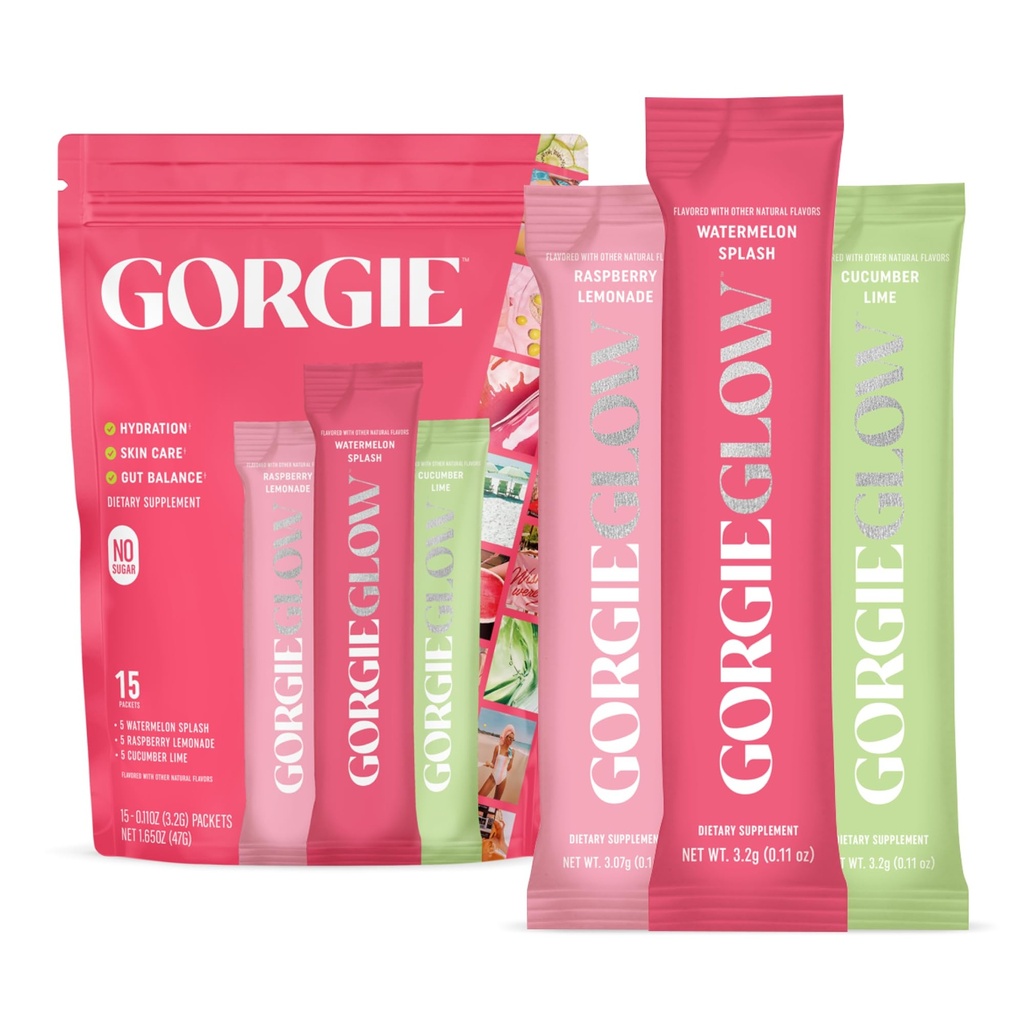 GORGIE Balíček odrôd Glow 15 Sticks, Electrolyte Powder Healthy Drink Mix, w/Hyaluronic Acid, Aquamin, Vitamín C & D, Probiotiká, Žiadny cukor, Antioxidanty pre hydratáciu, starostlivosť o pleť a vyváženie vnútorností