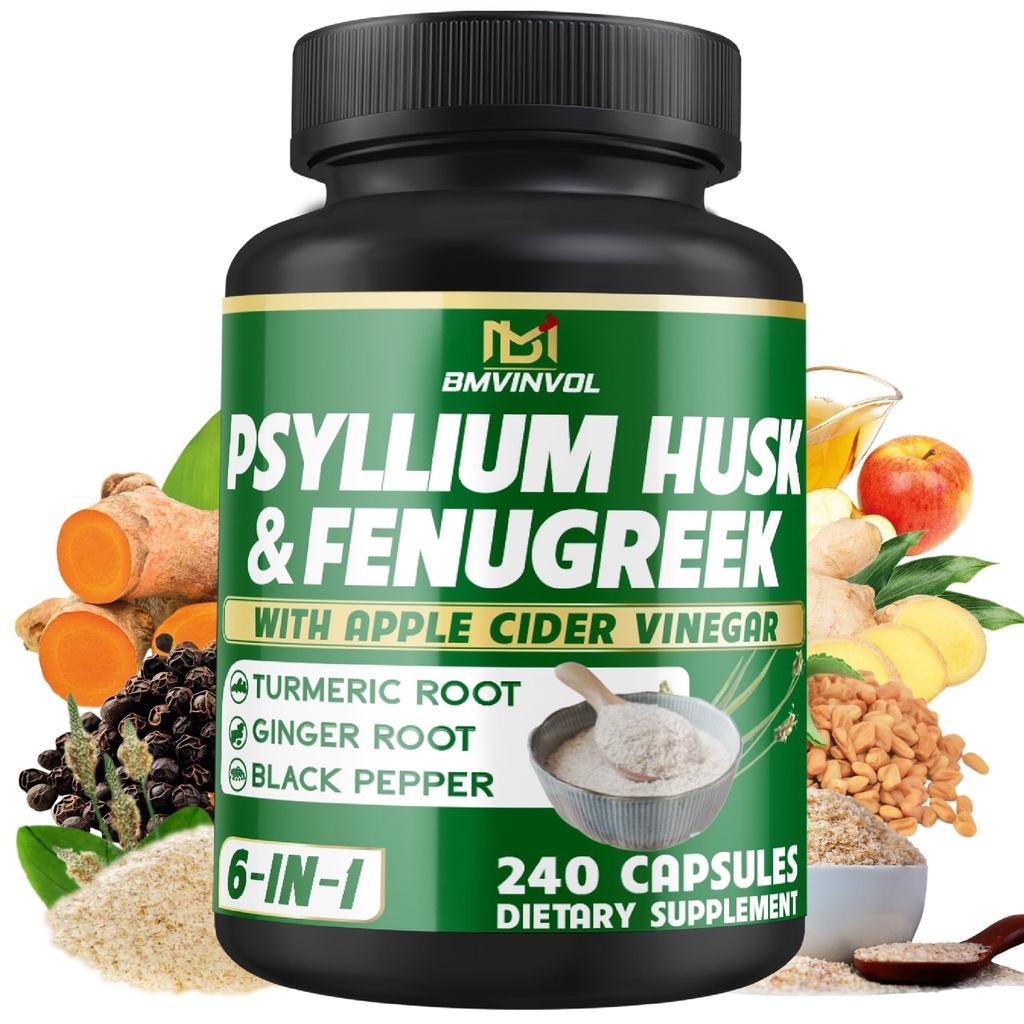 BMVINVOL Psyllium Husk Fiber Supplement with Fenugreek, Apple Cider Vinegar, Turmerica, Ginger, Black Pepper- Tráviace Zdravie Podpora - 240 Kapsule