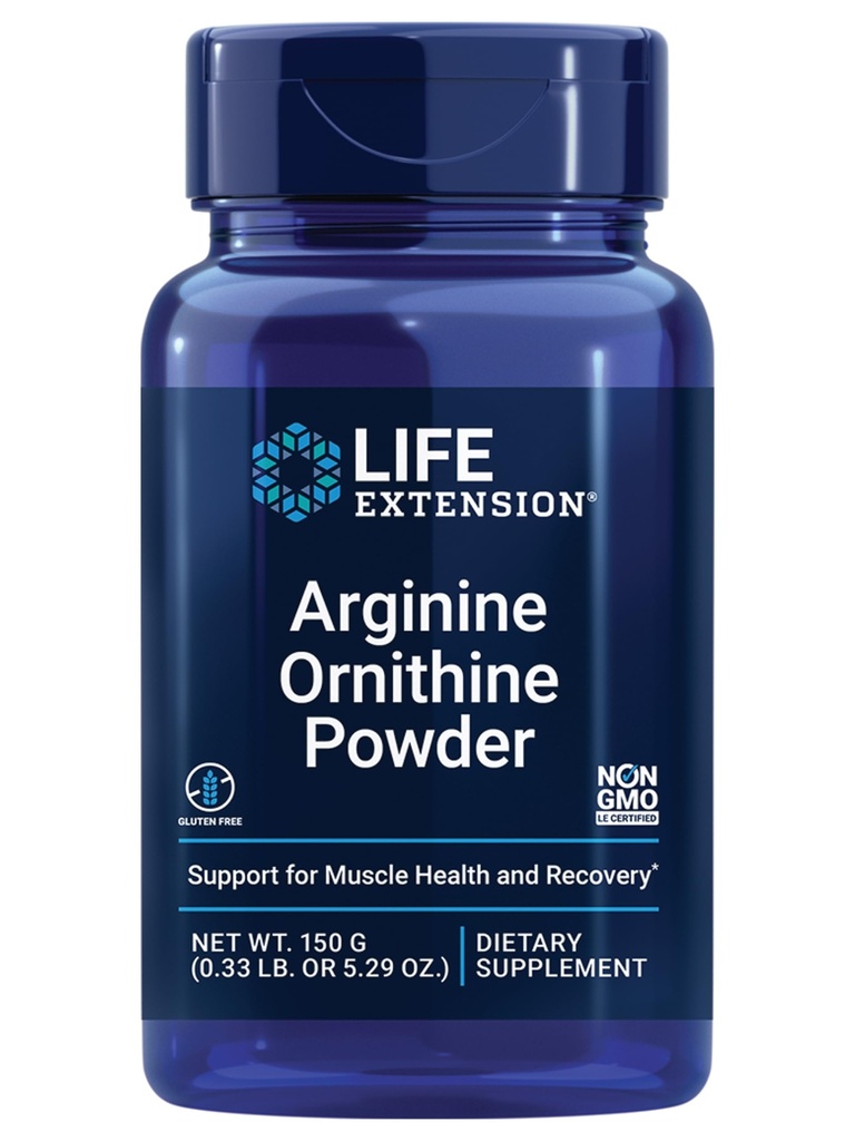 Life Extension Arginine Ornitín prášok, podporuje svalového zdravia a zotavenie, bez lepku, non-GMO, čistá hmotnosť 150 Grams