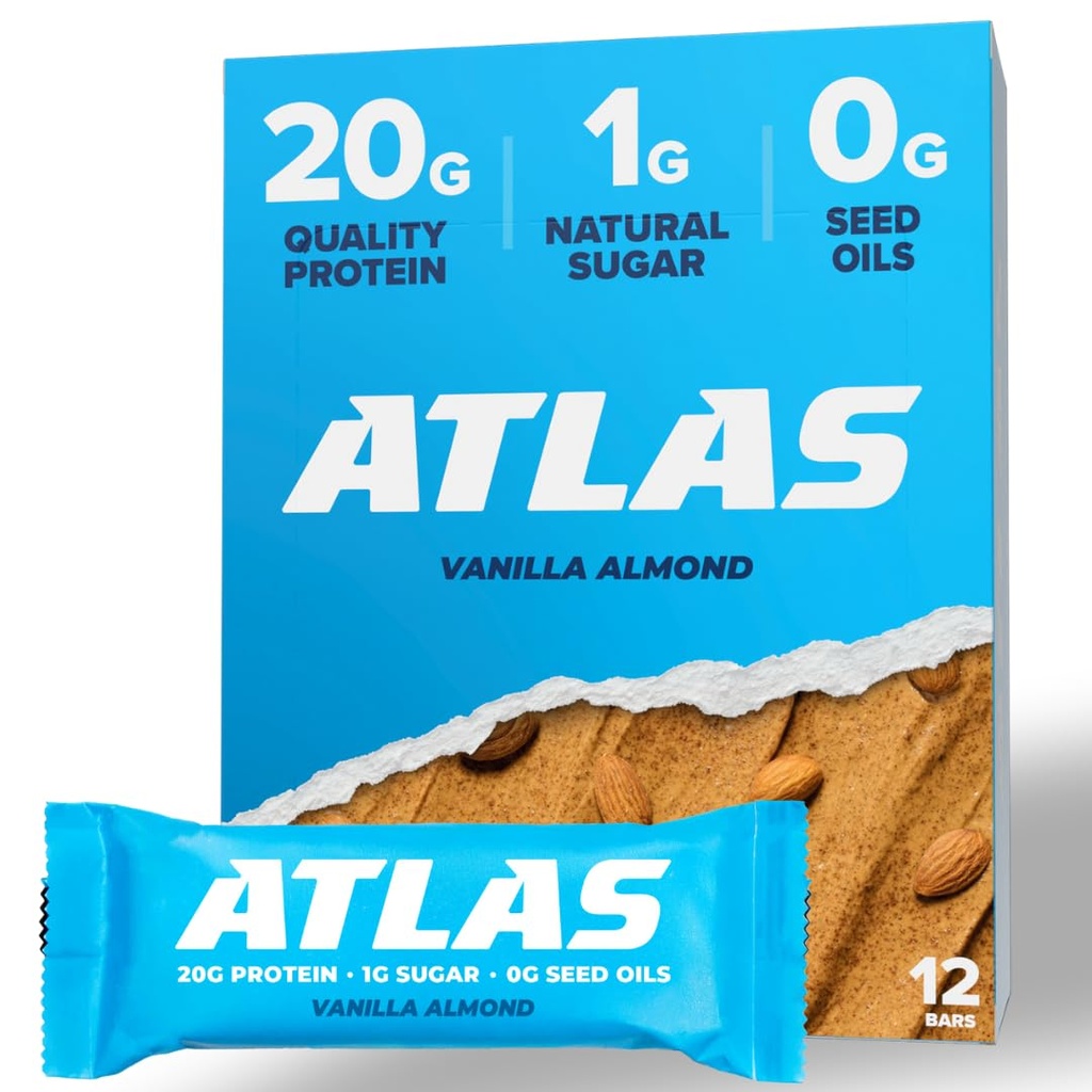 Atlas Protein Bar, 20g Protein, 1g Cukor, čisté zložky, bez lepku, Vanilla Almond (12 počet, balenie 1)