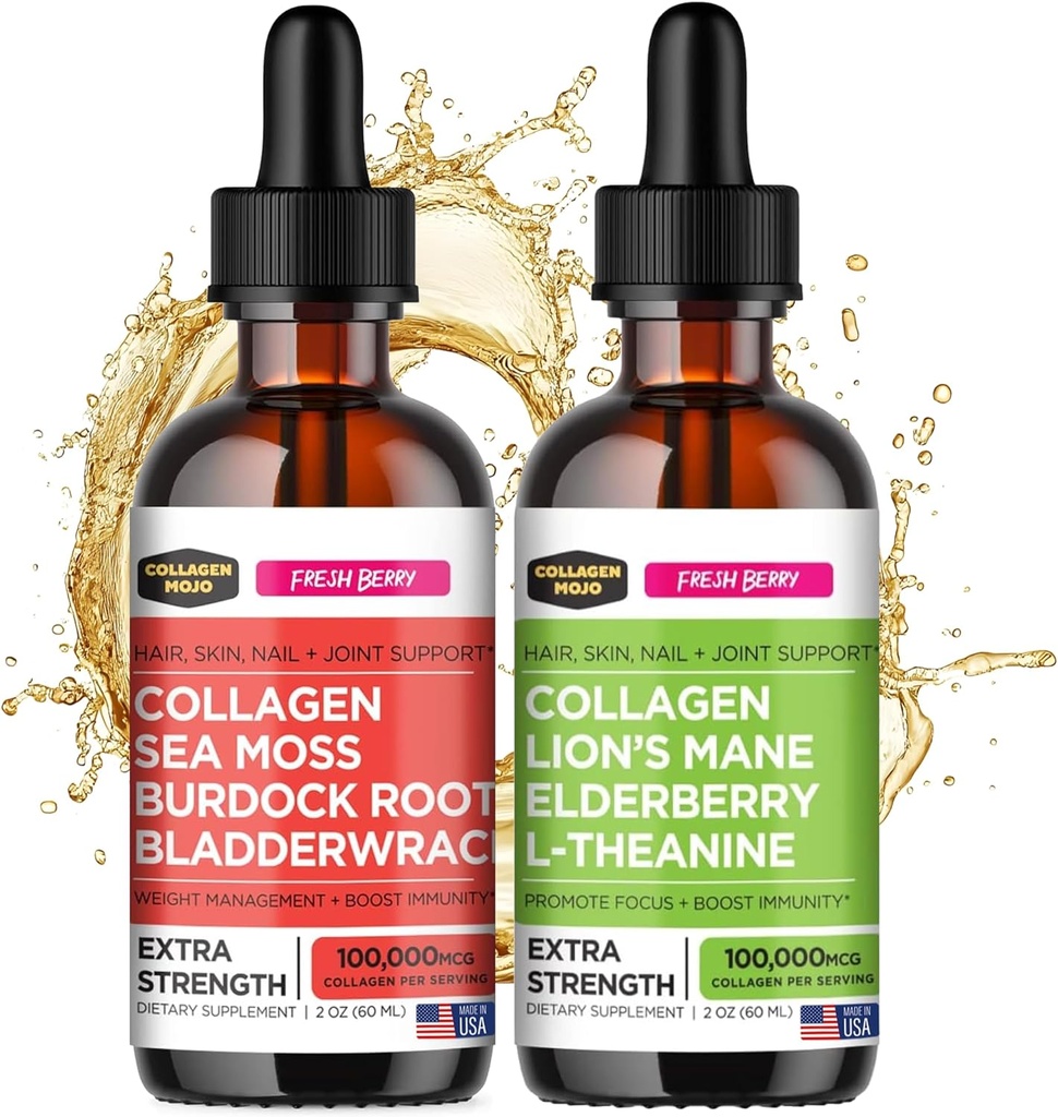 Collagen Mojo Liquid Collagen Peptides s morskými machmi, Burdock Root & Bladderwrack + Liquid Collagen Peptides s lions Mane Huba, bazová a L-Theanine
