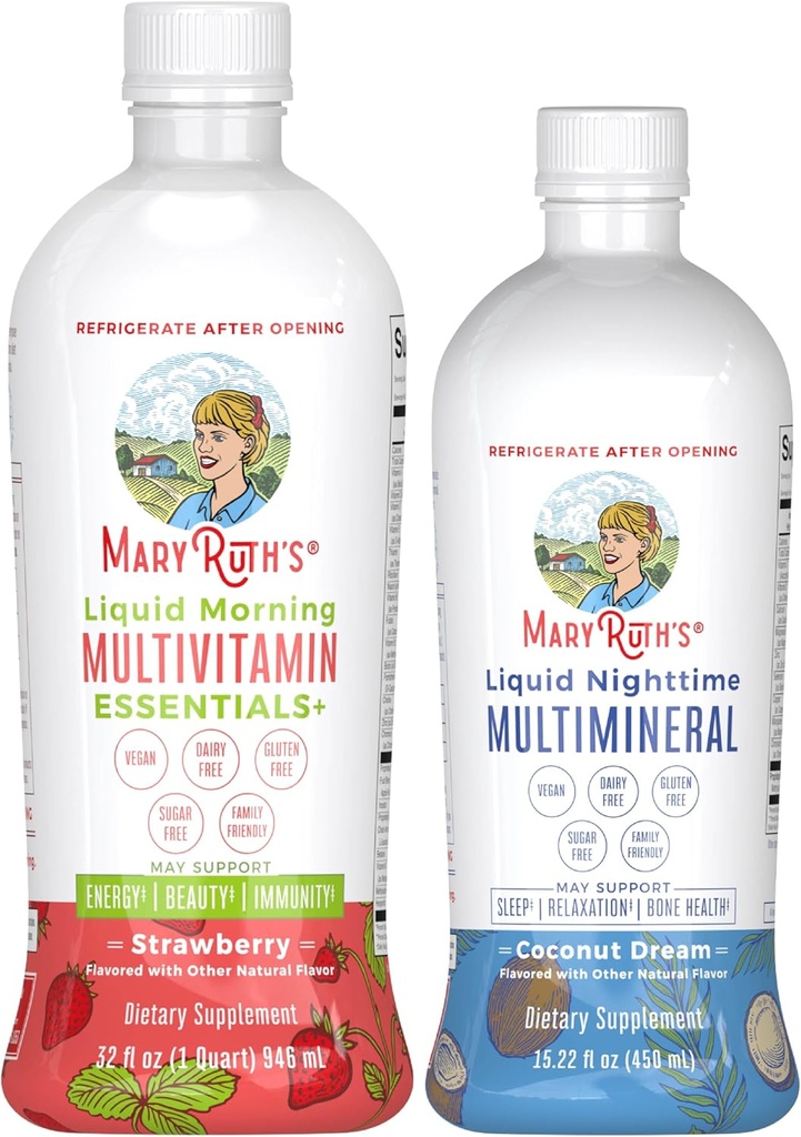 MaryRuth's Liquid Morning Multivitamín (Jahoda) & Liquid Nighttime Multimineral (Coconut, 15oz) 