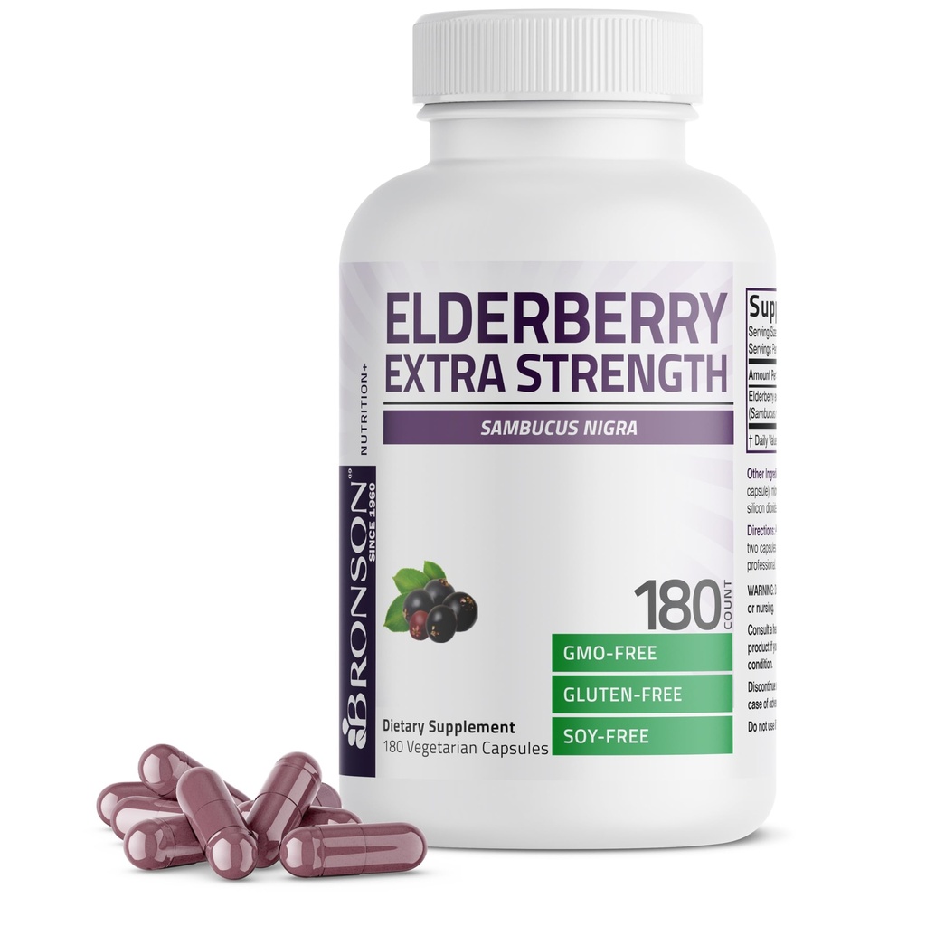 Bronson Elderberry Extra sila, podporuje zdravý imunitný systém a ochranu antioxidantov, Non GMO, 180 Vegetariánske kapsuly