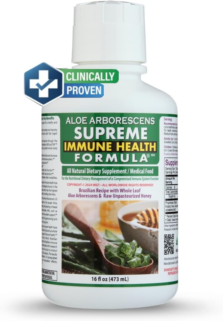 Supreme Immune Health Formula - Dr. Recommended Clinically Proven Immune Health Formula for Adults & Kids - Organic Whole Leaf Aloe Arborescens Juice + Raw Unpasteurized Honey for Immune Support -16oz