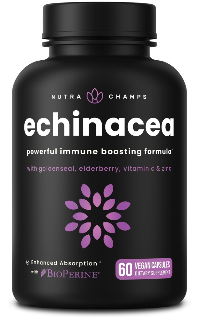 NutraChamps Echinacea Kapsule 1000mg - 8-in-1 Imunitná podpora Supplement - Echinacea Goldenseal, Vitamín C, Zinok, zázvor, plod - 60 Kapsule