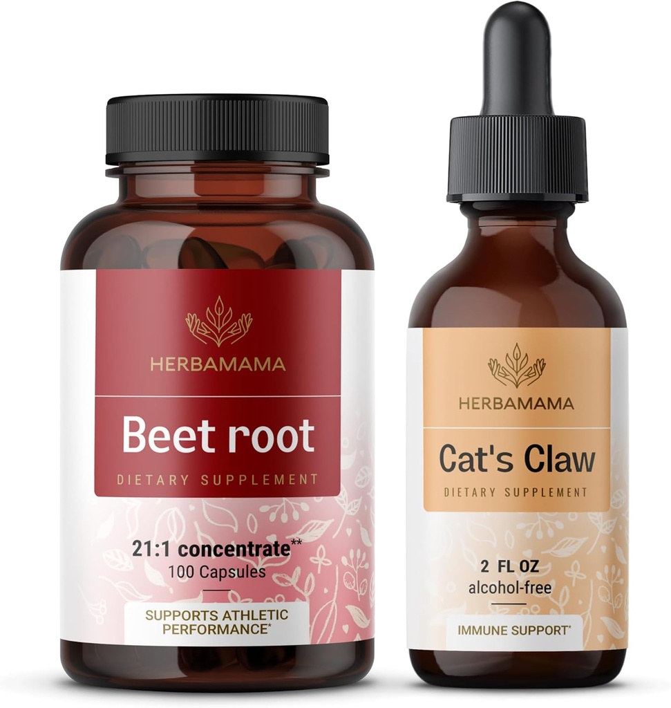 HERBAMAMA Repný koreň a mačacie pazúry Kit - Bundle 21:1 Koncentrovať koreň repy a mačacie pazúr Tincture 2 fl oz - Vegan, non-GMO, cukor a alkohol-free - 2 balenie