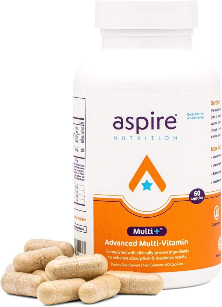 Aspire Multi+TM Advanced Multivitamín pre mužov, ženy a deti - Najlepší doplnok pre zameranie, pozornosť, pamäť, nálada. Ďalšie absorpčné živiny, minerály a vitamíny - všetky prírodné