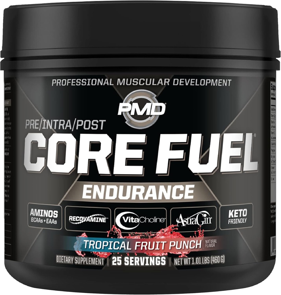 PMD Sports Core Fuel Endurance, Performance & Recovery - BCAA, EAA, Beta Alanine, Betaine Anhydrous, glutamín, Elektrolyty - rast svalov, sila - bez stimulu, Tropical Fruit Punch (25 Servings)
