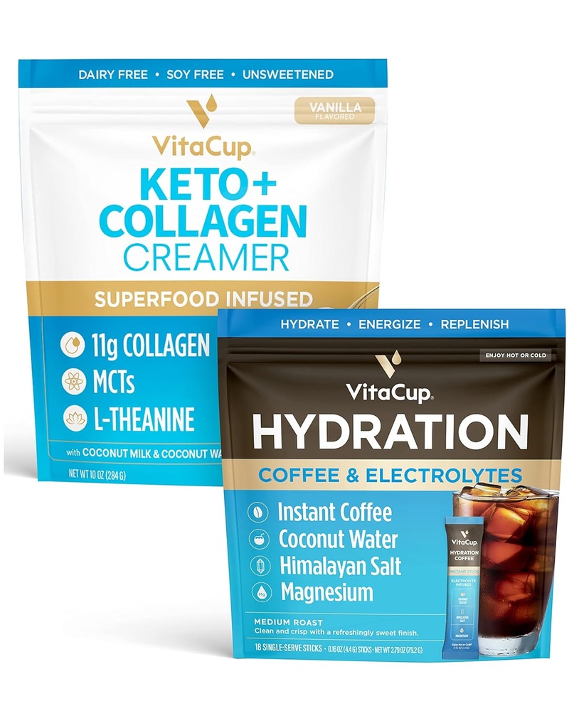 VitaCup Hydratácia Instantná káva Sticks w/Electrolytes, Kokosová voda, Stredné Roast 18ct & Keto + Collagen Vanilla Coffee Creamer w/Superfoods & MCTs, 10 oz