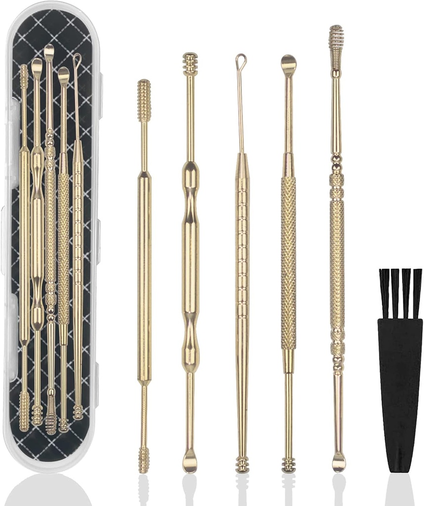 Hion 6 ks Rozšírené Ear Wax odstránenie kit, Professional Double-headed Ear Pick Earwax Nástroje na odstránenie Earwax,316L nerezová oceľ Ear Cleaner Curette s kefkou na čistenie a skladovanie,Suit for Kid Adult [Zlatá]