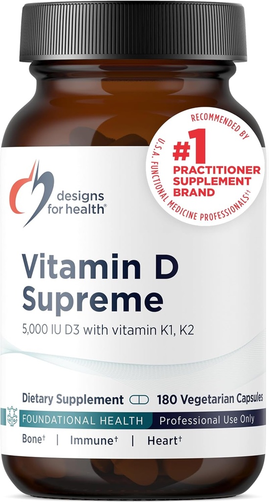 Dizajn pre zdravie Vitamín D Supreme - Vitamín D 5000 IU s 2000mcg vitamín K ako MK4 pre zdravie kostí, srdca, nálady a imunitnej podpory - Vitamín D3 obohatený o GG doplnok (180 kapsúl)