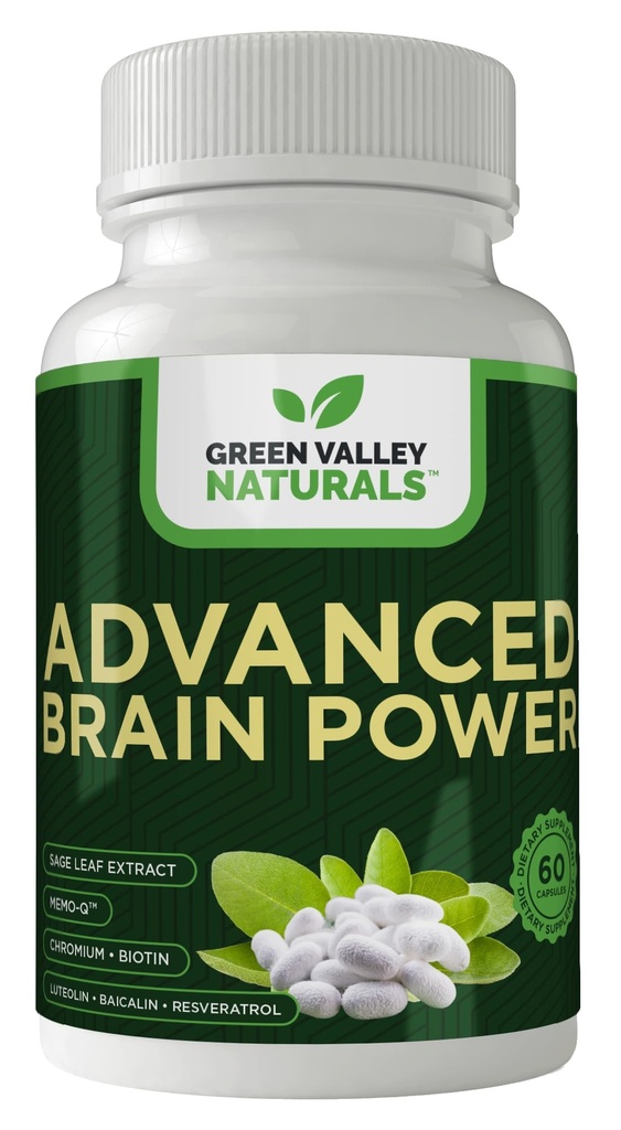 GREEN VALLEY NATURALS - Advanced Brain Power - podporuje zdravé, normálne funkcie mozgu, Zameranie a koncentrácia, klinicky formulovaný na podporu zdravého mozgu jasnosť. (1 fľaša, 60, počet)