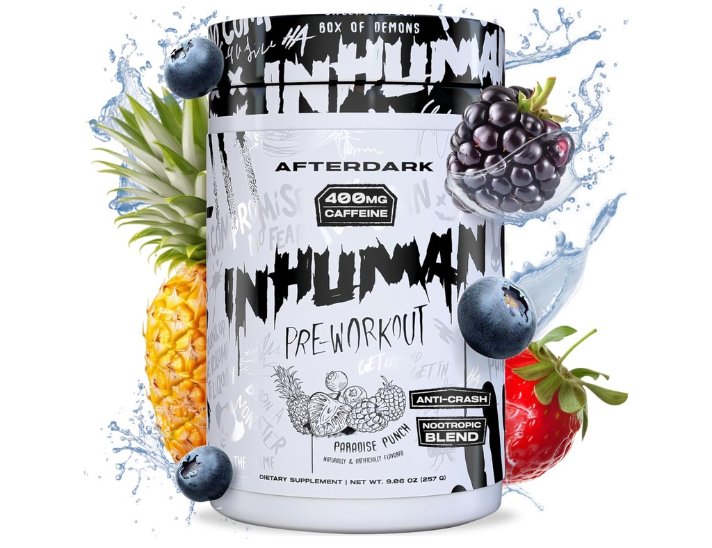 PO DARKE INHUMAN predprášok-prášok, posilnená Mind-muskle pripojenie, Trvalá energia, Potent Nootropic Blend, Vegan, Gluten-free, Soy-free, 400mg kofeín, No Crash, Paradise Punch