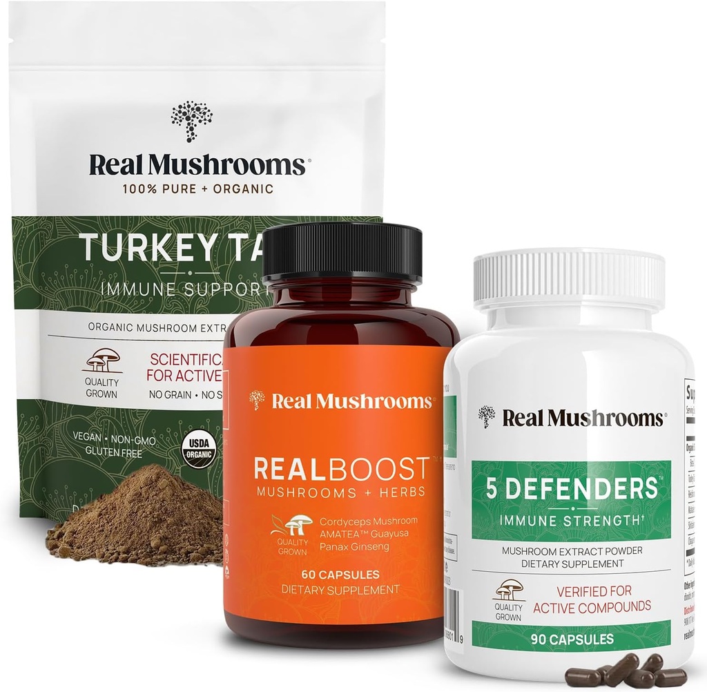 Real Huby RealBoost (60ct), 5 Obrancovia (90ct) a Turecko Chvost Huba Powder & Capsules Bundle - Huba Supplement for Energy, Vitality & Immune Strength - Vegan, Non-GMO