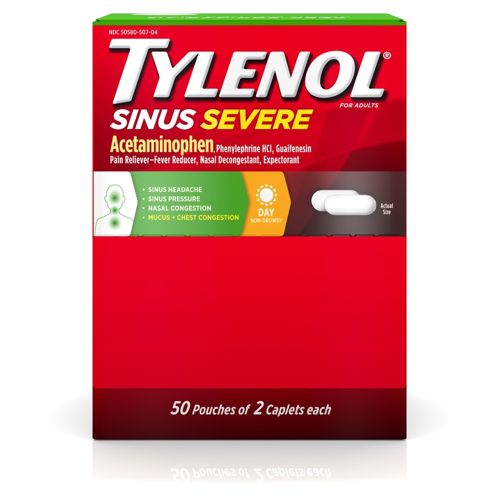 Tylenol Sinus Ťažké denné kaplety s acetaminofénom 325 mg, Guaifenezín 200 mg & Fenylefrín HCl 5 mg, Nedrása bolesť Reliever, Explorant & Nasal Decongestant, 50 Cestovné balenia 2 ct