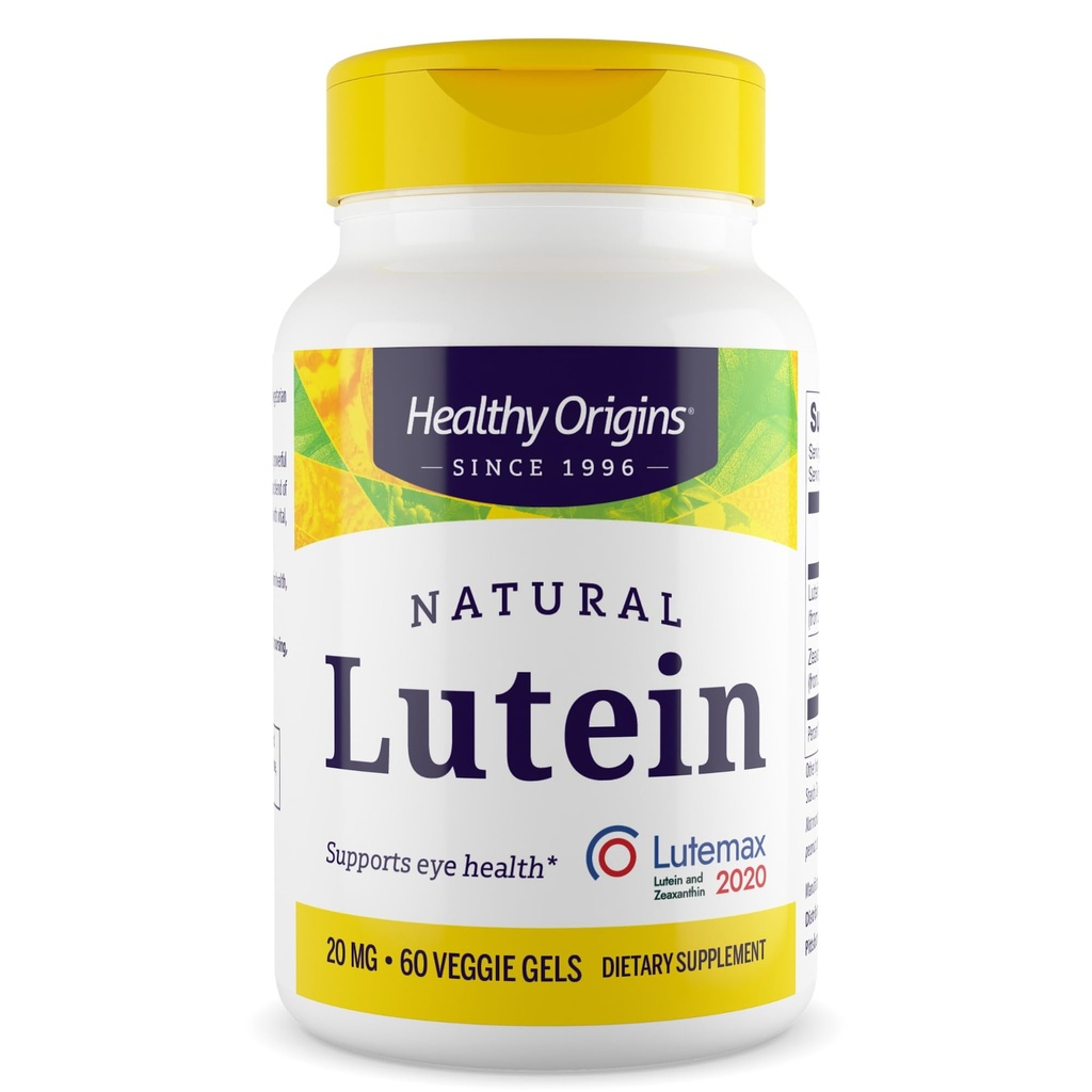 Zdravý pôvod luteínu 20 mg (Lutemax 2020 s Zeaxantínom, non-GMO, Vegan, podpora očí), 60 Veggie Gels