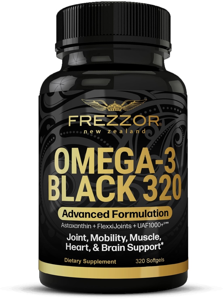 FREZZOR Omega 3 Black - Green Lipped Mussel Oil Capsules, Made in New Zealand, UAF1000+, Joint Care & Relief, Heart & Immune Support, No Fishy Dochute, 320 count (Pack of 1)