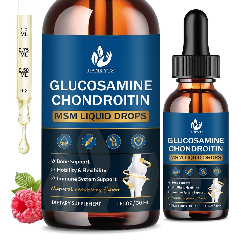(2 balenia) Glukozamín Chondroitín MSM tekuté kvapky, vysoká absorpcia, antioxidant, Immune, Bone Support, MSM doplnok pre mužov a ženy, Vegan, bez cukru, malinová chuť, 1 Fl Oz