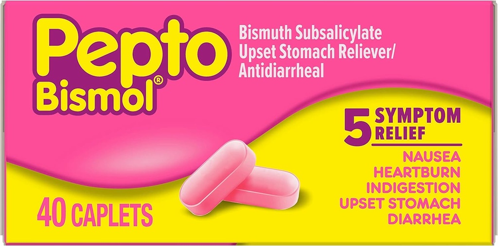 Pepto Bismol Caplets na nevoľnosť, pálenie záhy, poruchy trávenia, žalúdočné ťažkosti a hnačka, 5 príznakov rýchlej úľavy v pohodlnej forme, 40 ot
