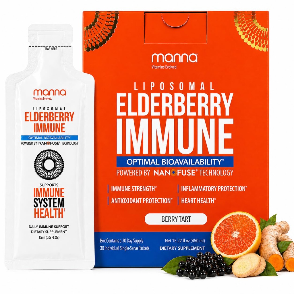 Manna Vitamíny Evolved Lipozomálne bazové Imunitné balíčky, vitamíny C, D atď. - Denná imunitná podpora pre dospelých, Deti - bez cukru, Výťažok z pravej bazy, Sirup, cestovanie-Priateľ, 15 balenie